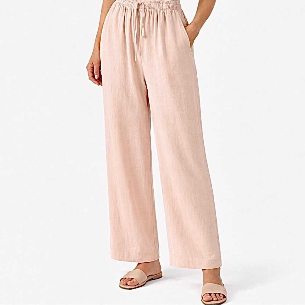 💖 Women's Pink Wide-Leg Linen Pants with Elastic Waist One Size